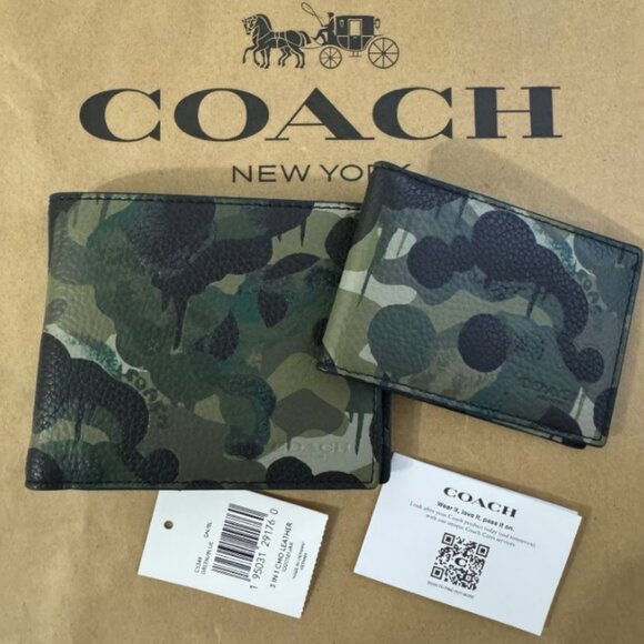 🦖coach 3 In 1 Wallet With Camo Print GREEN/BLUE - Picture 2 of 6